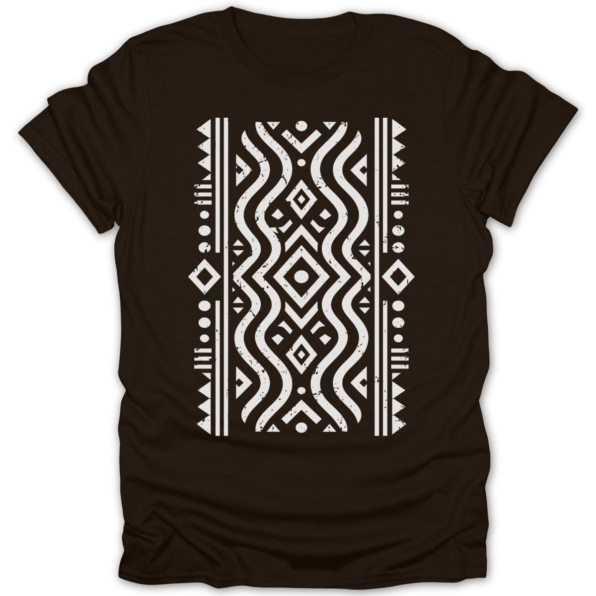 Brown t-shirt with a white geometric and wave pattern across the chest.