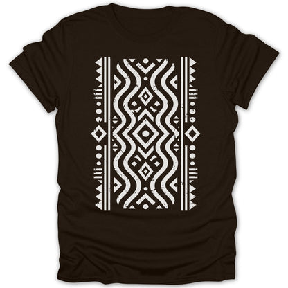 Brown t-shirt with a white geometric and wave pattern across the chest.