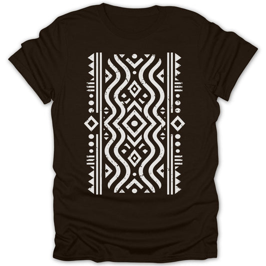 Brown t-shirt with a white geometric and wave pattern across the chest.