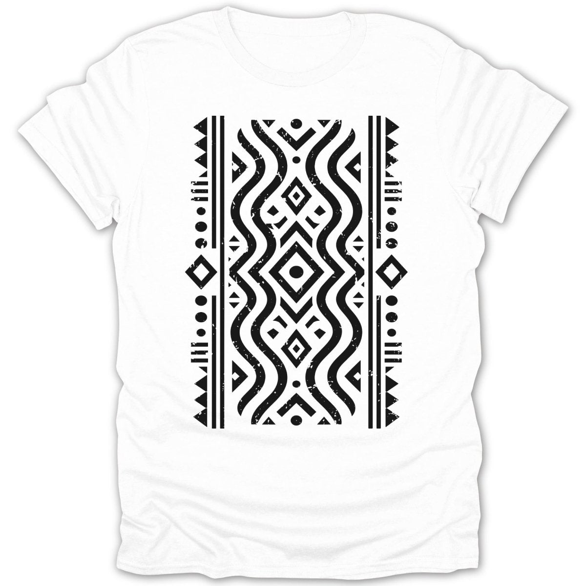 White t-shirt with a black geometric pattern down the center.