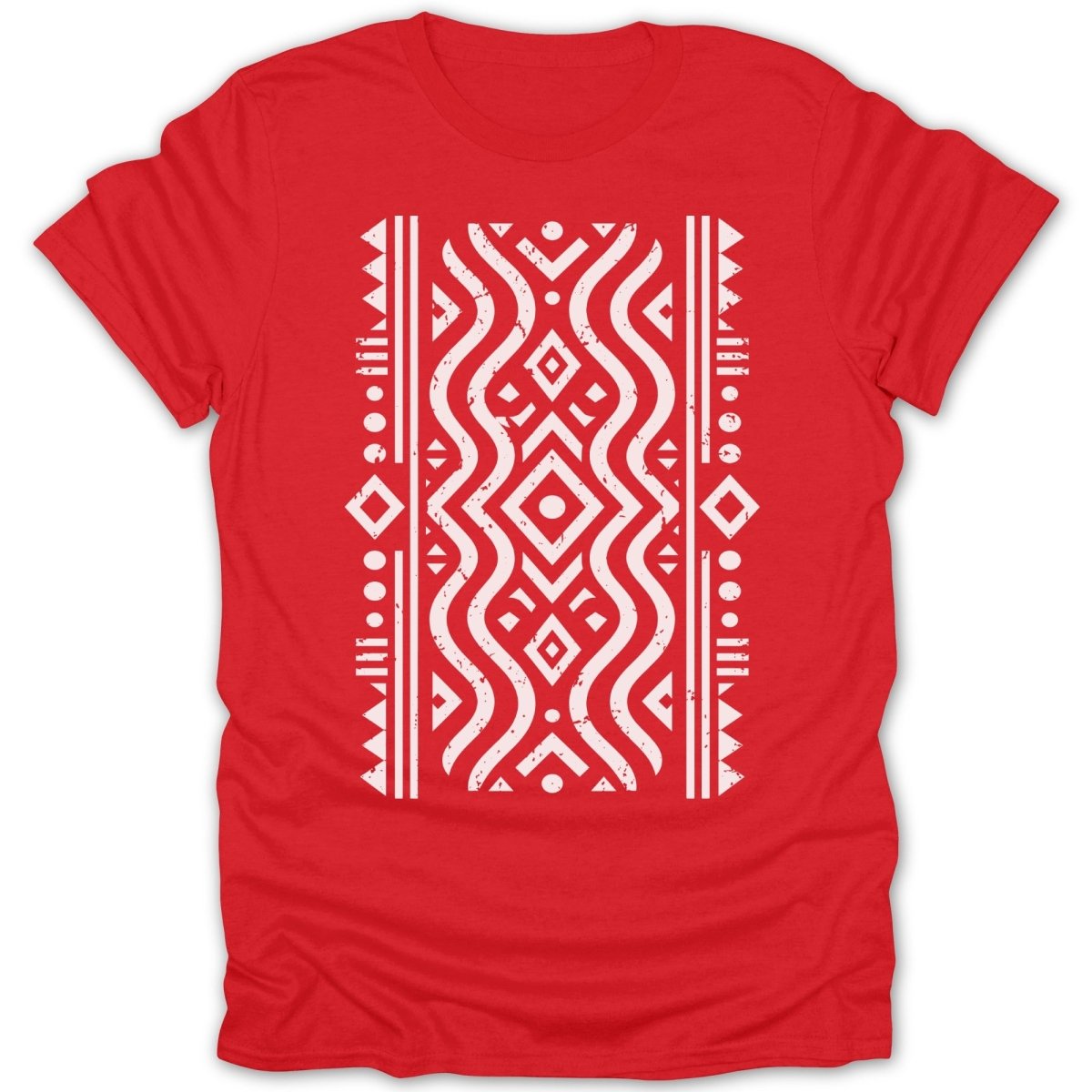 Red t-shirt with white geometric and wavy tribal pattern.