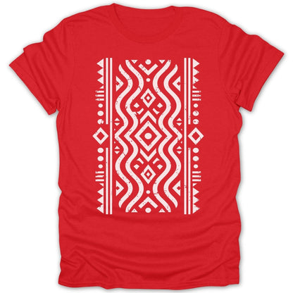 Red t-shirt with white geometric and wavy tribal pattern.