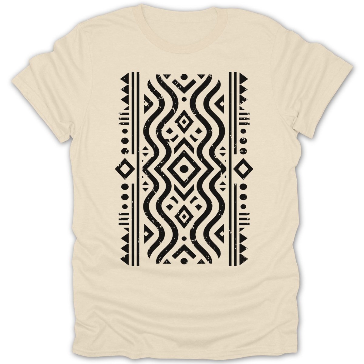 Cream t-shirt with black geometric tribal pattern.