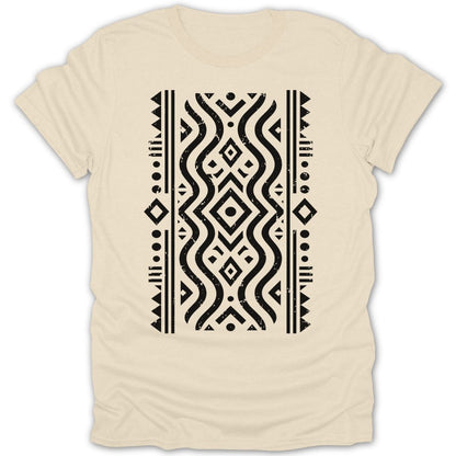 Cream t-shirt with black geometric tribal pattern.