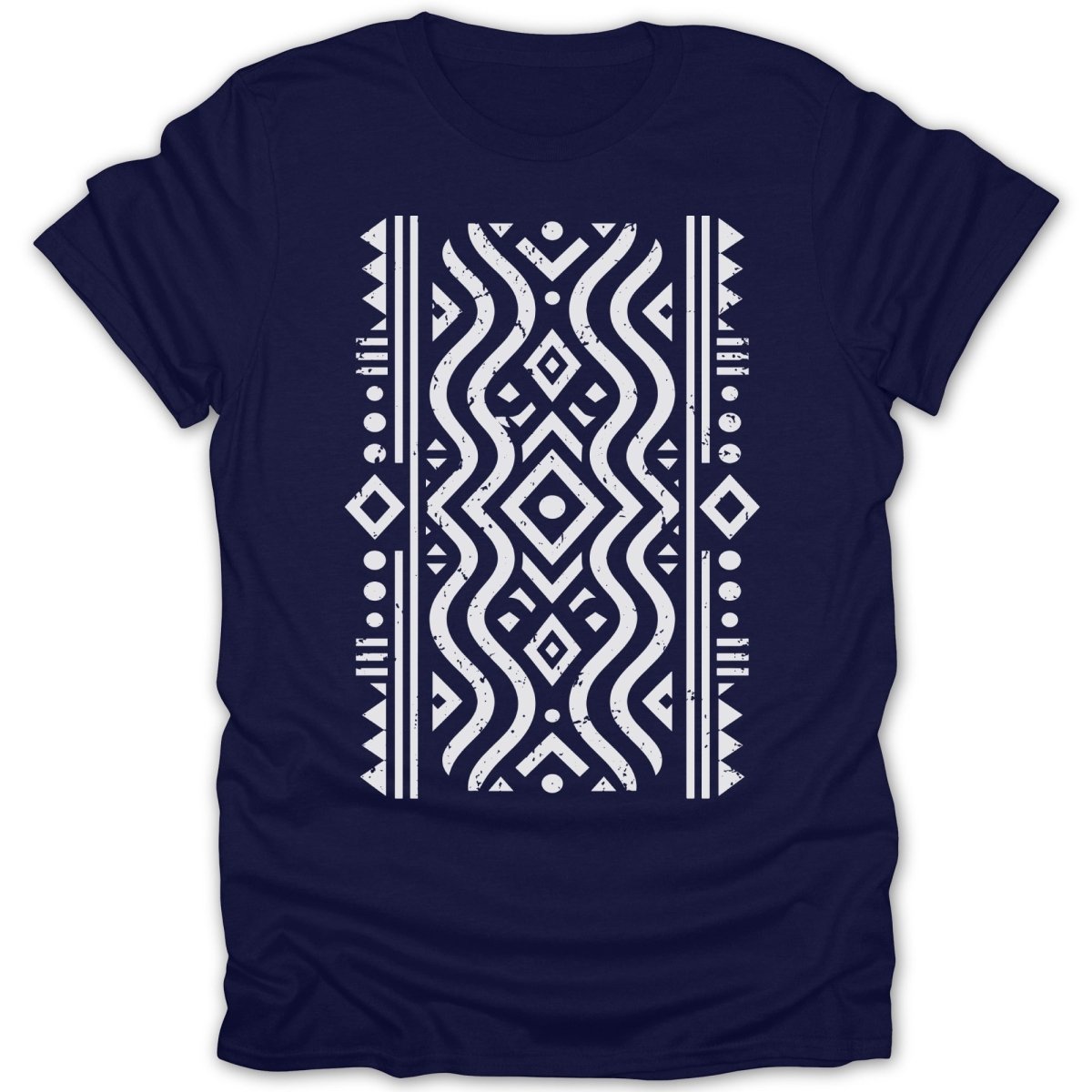 Navy t-shirt with a distressed white geometric tribal pattern.