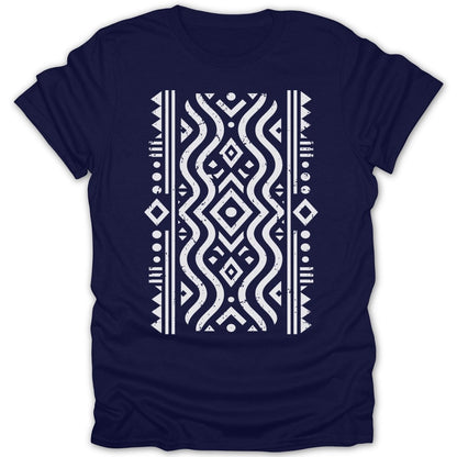 Navy t-shirt with a distressed white geometric tribal pattern.