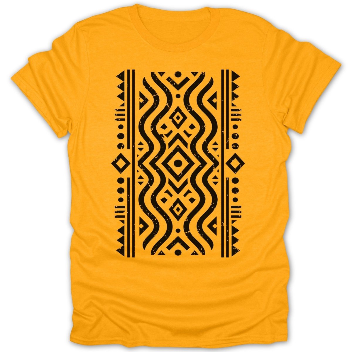 Yellow t-shirt with black geometric and wavy tribal pattern on chest.
