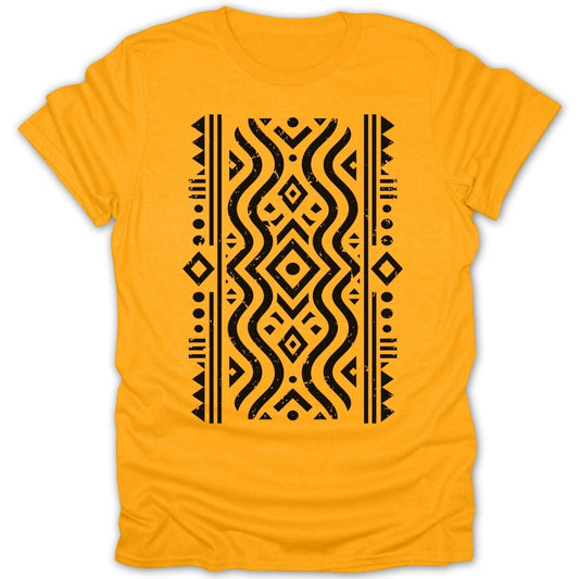Yellow t-shirt with black geometric and wavy tribal pattern on chest.