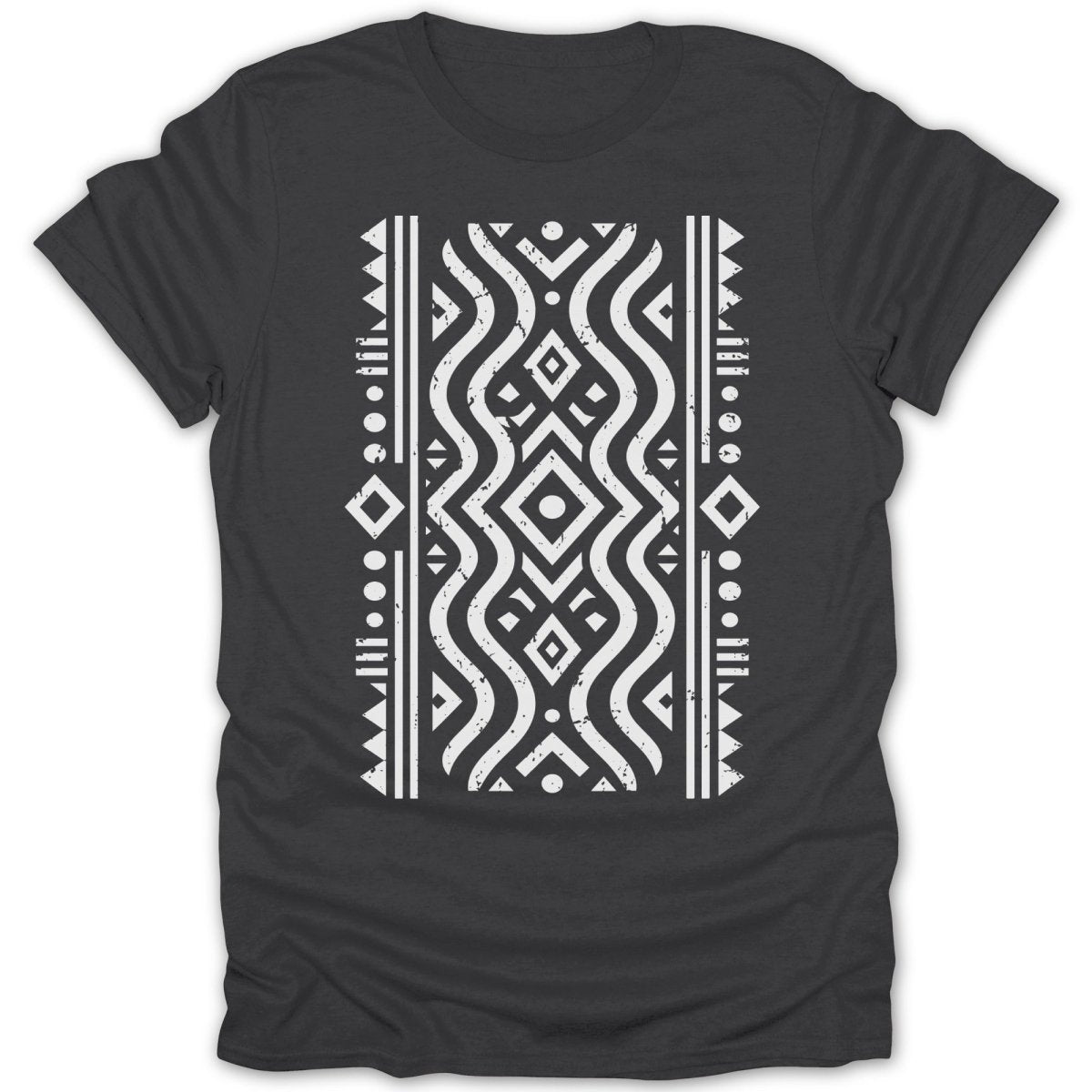 Dark grey t-shirt with a white geometric tribal pattern across the chest.
