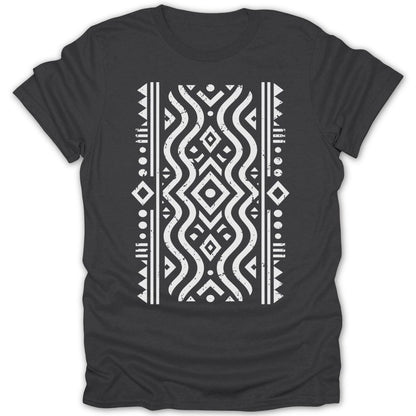 Dark grey t-shirt with a white geometric tribal pattern across the chest.