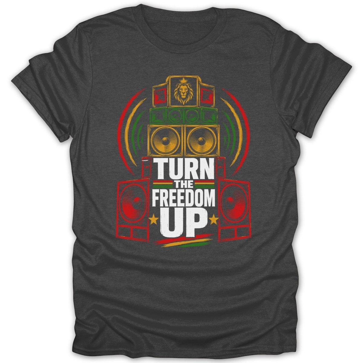 Graphic tee with stacked speakers and "Turn the Freedom Up" text.