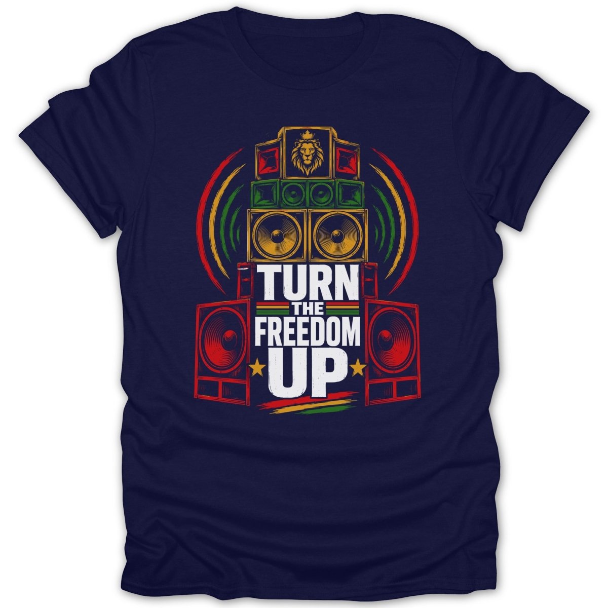 Lion and speakers graphic with "Turn the Freedom Up" text on a navy t-shirt.