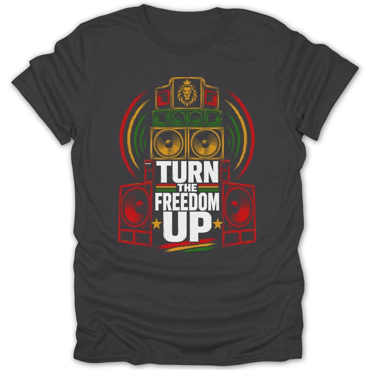 T-shirt graphic with stacked speakers and text "Turn The Freedom Up"