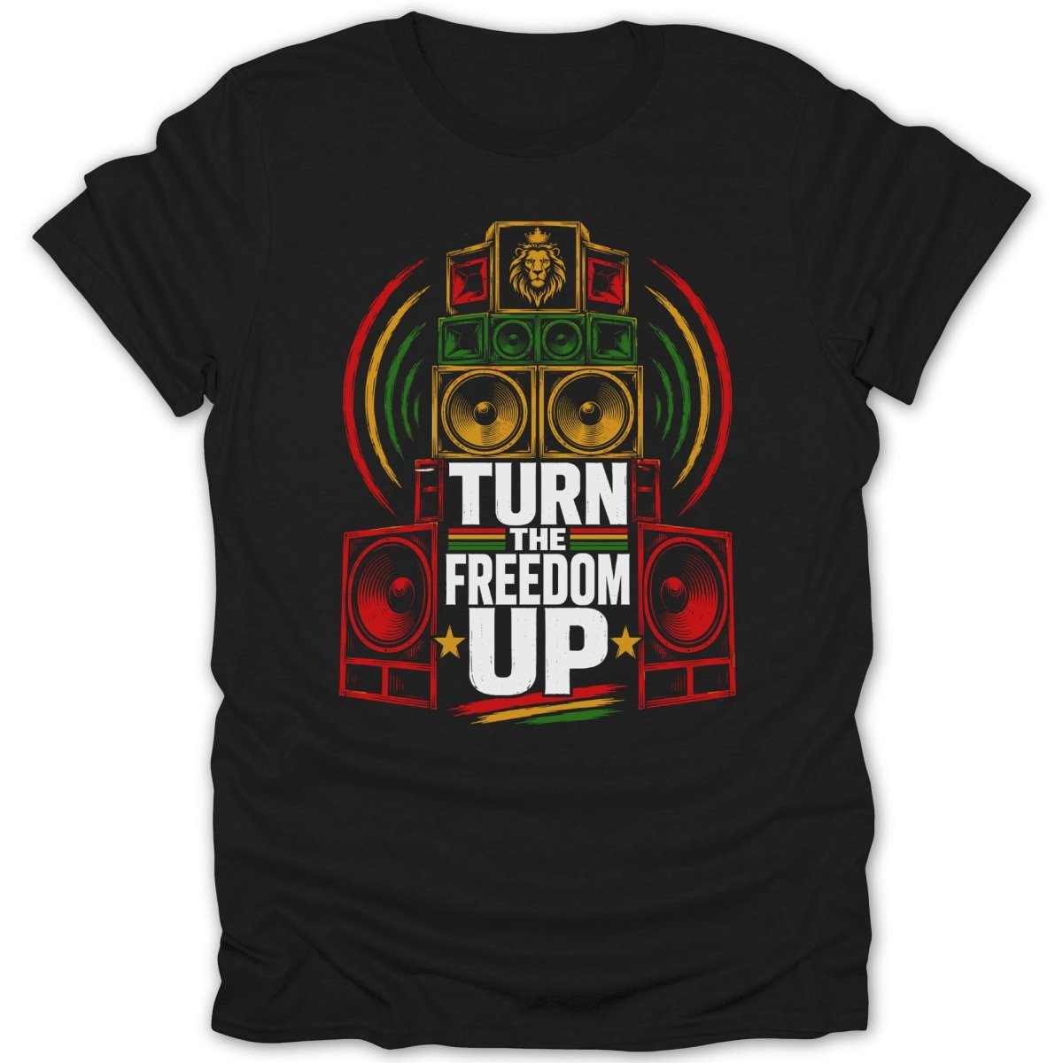 Black t-shirt with a Rastafarian-themed speaker stack and lion graphic.
