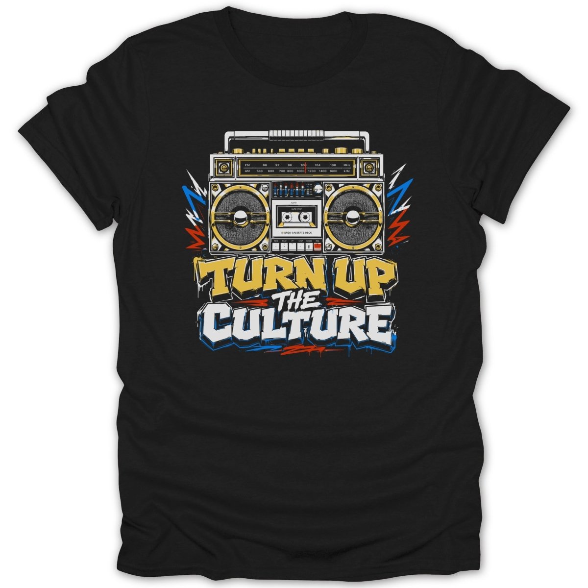 Black t-shirt with graphic of a boombox and "TURN UP THE CULTURE" text.