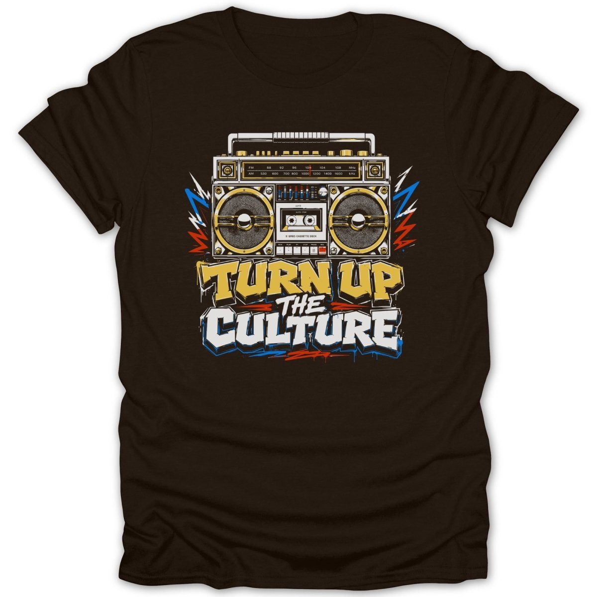 Brown t-shirt with vintage boombox graphic and "Turn Up The Culture" text.