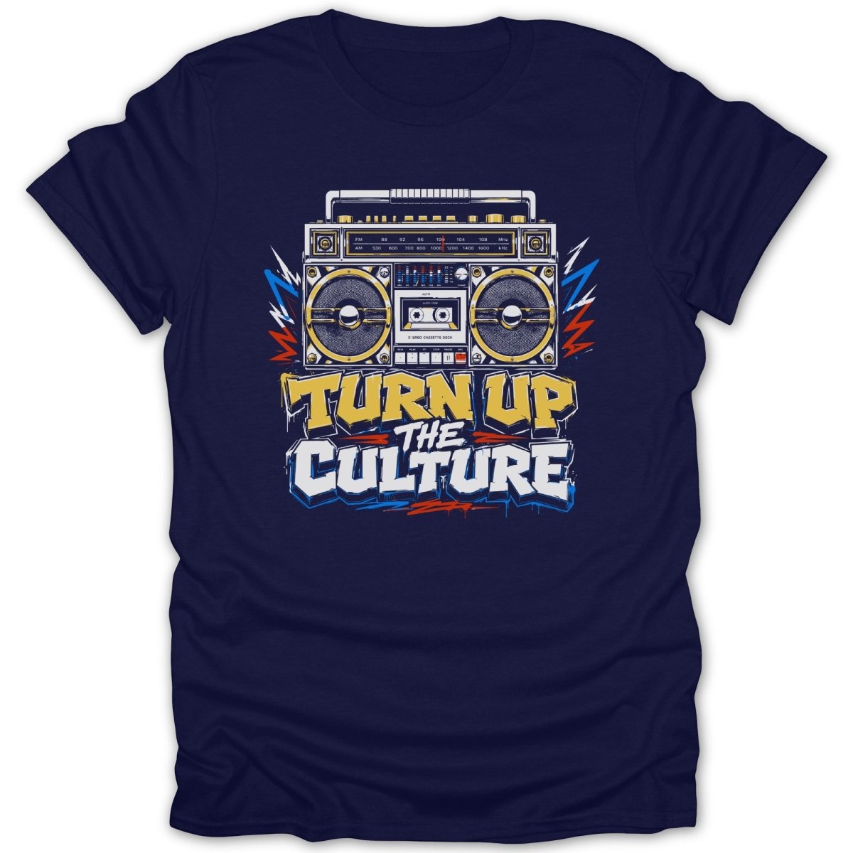 Dark blue t-shirt with retro boombox graphic and text "TURN UP THE CULTURE".