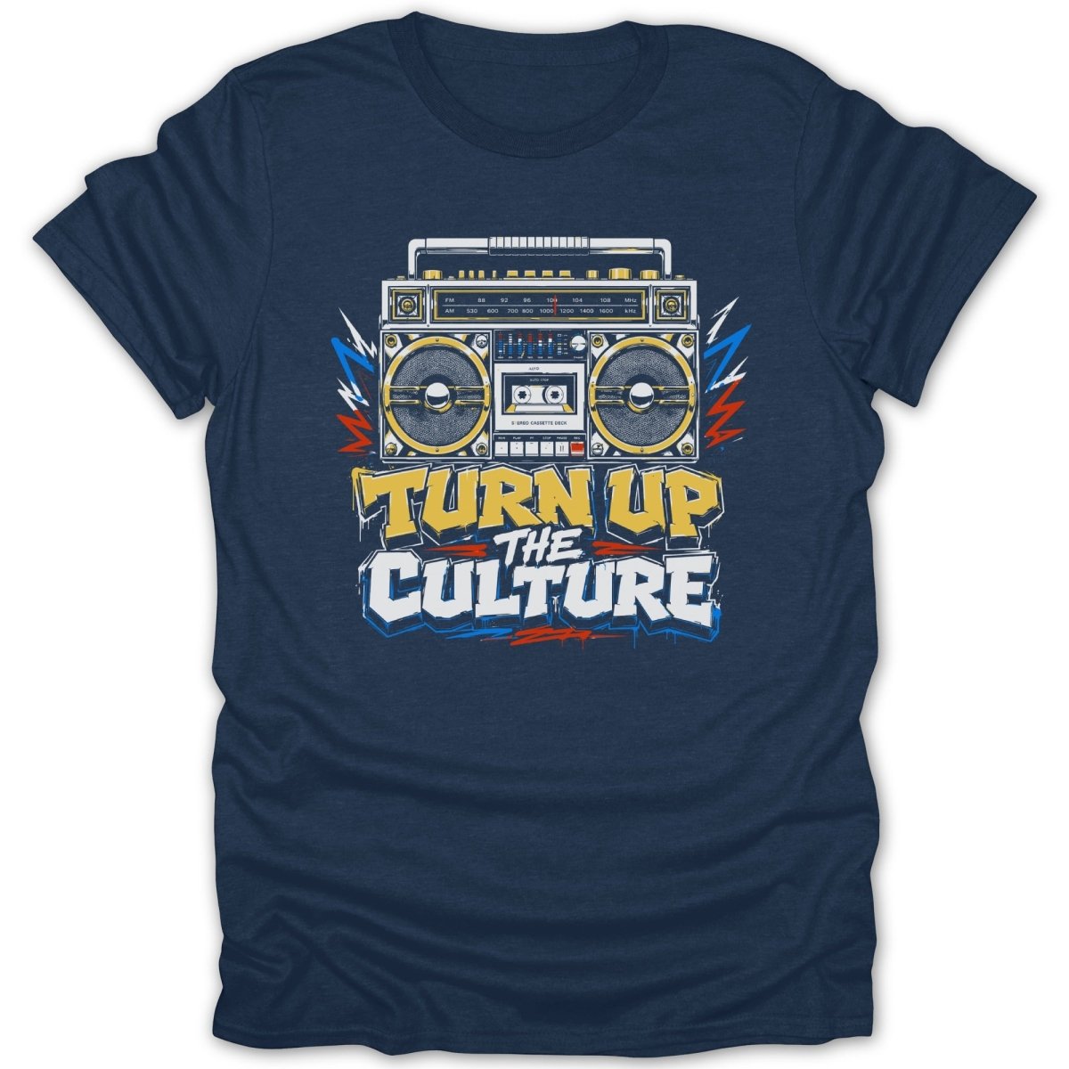 T-shirt with vintage boombox graphic and text "TURN UP THE CULTURE"