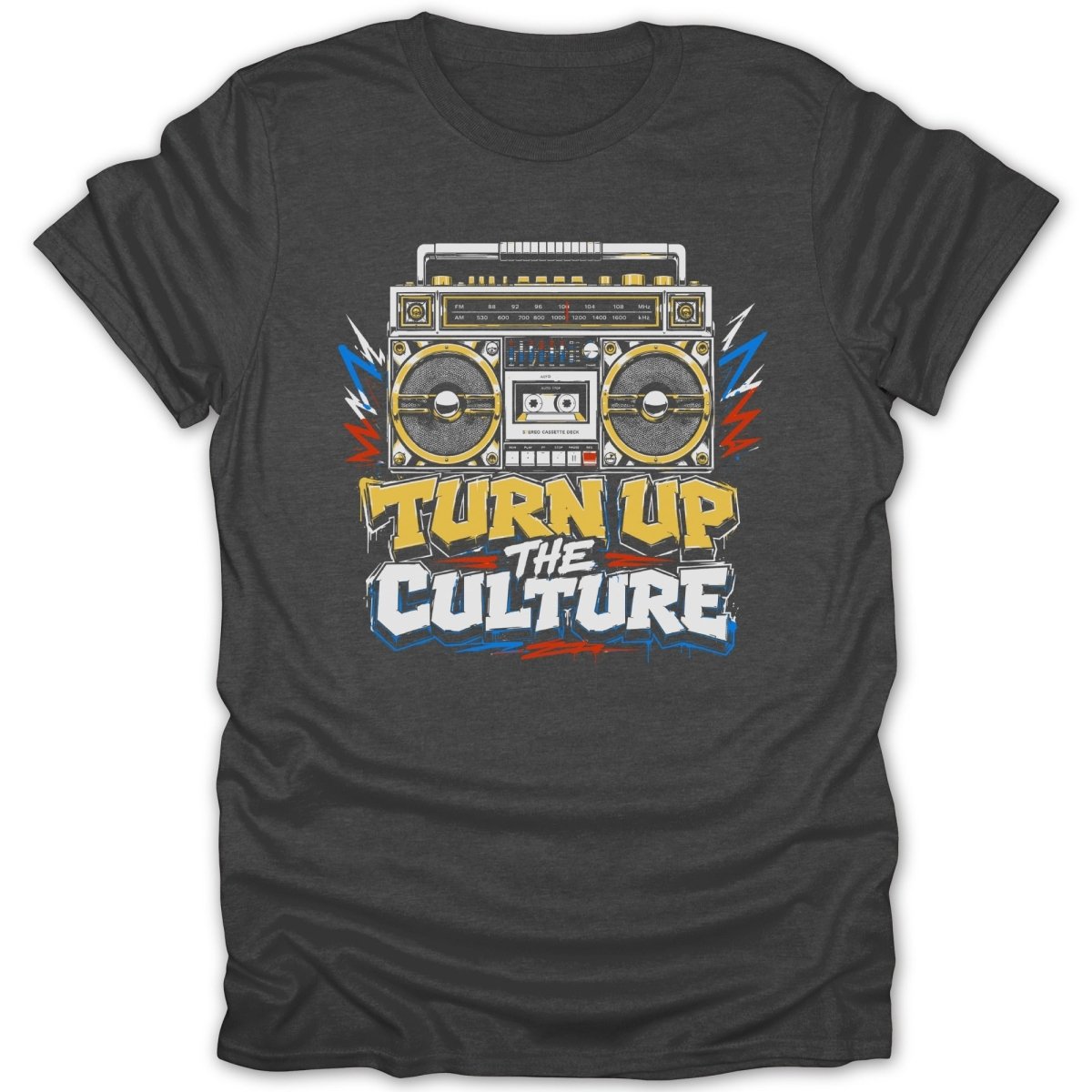 Graphic tee with a boombox and "Turn Up The Culture" text.