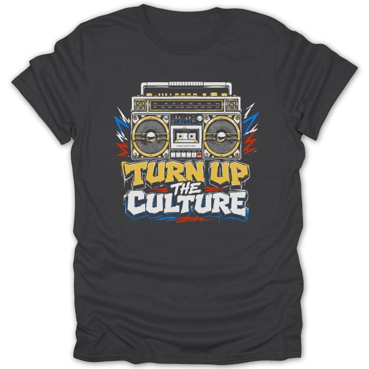 Graphic t-shirt with a retro boombox and the text "TURN UP THE CULTURE".