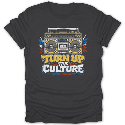 Graphic t-shirt with a retro boombox and the text "TURN UP THE CULTURE".