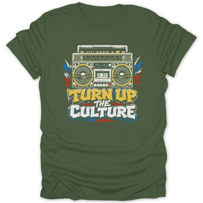 Green t-shirt with retro boombox graphic and the text "TURN UP THE CULTURE".