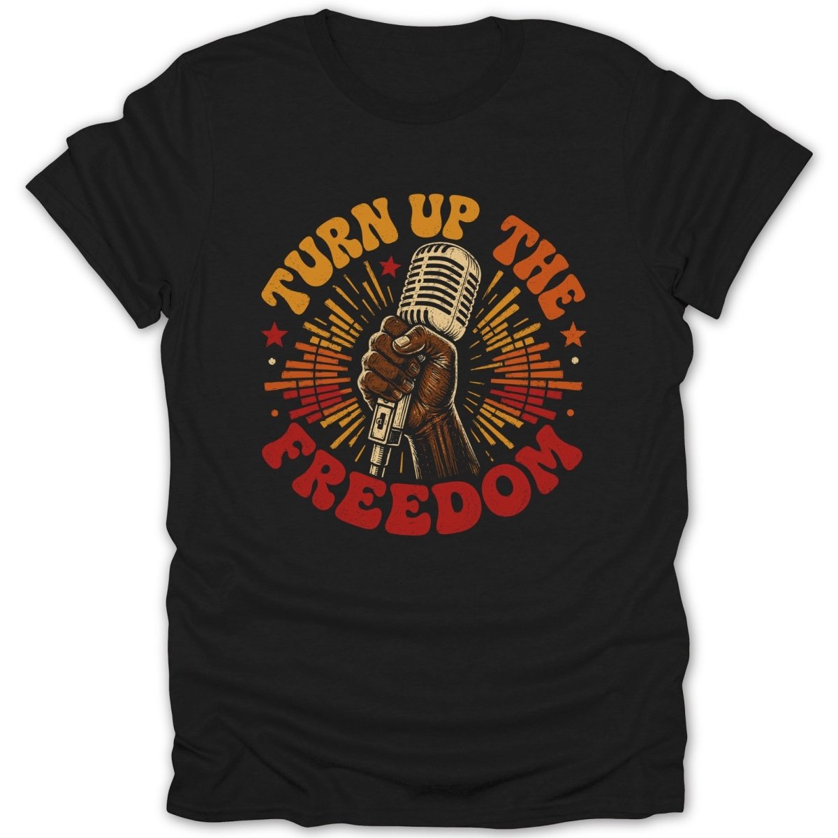 Black t-shirt with "Turn Up The Freedom" text and vintage microphone art.