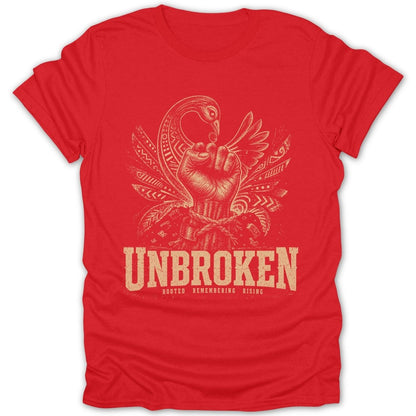 Red t-shirt with "UNBROKEN" text and a design of a fist with a bird and feathers.