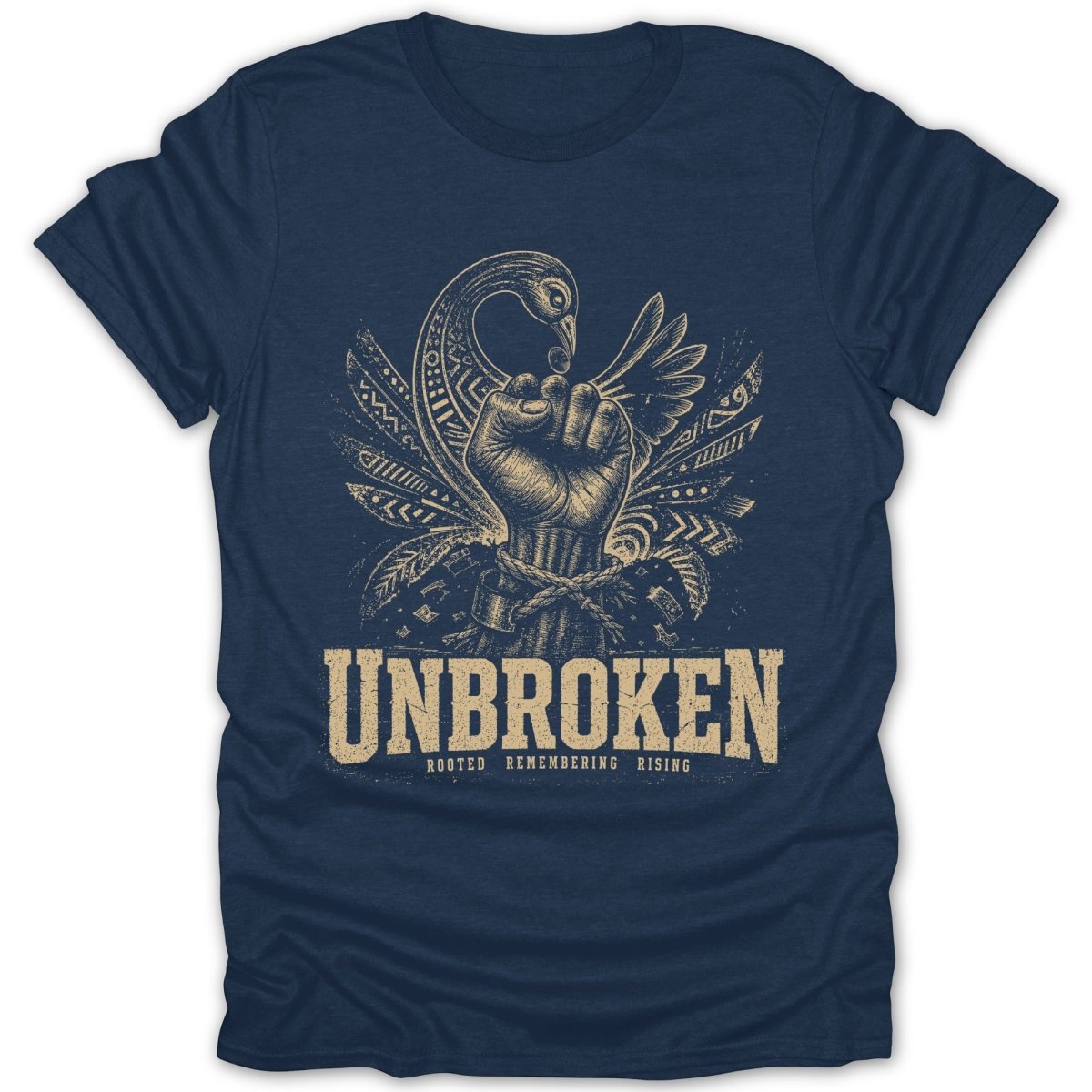 Navy t-shirt with "UNBROKEN" text and a clenched fist with bird and feather graphic.