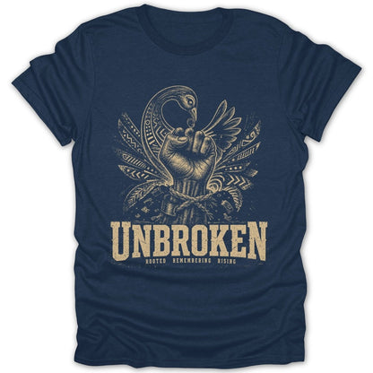 Navy t-shirt with "UNBROKEN" text and a clenched fist with bird and feather graphic.