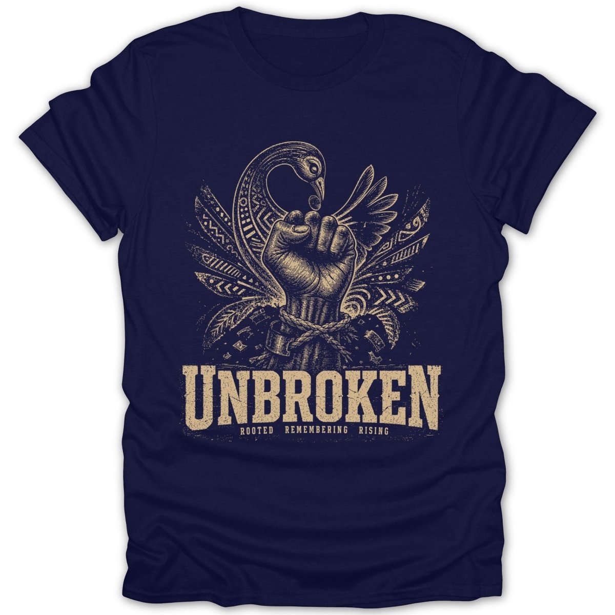 Fist with chains, bird, and wings graphic with text "UNBROKEN".