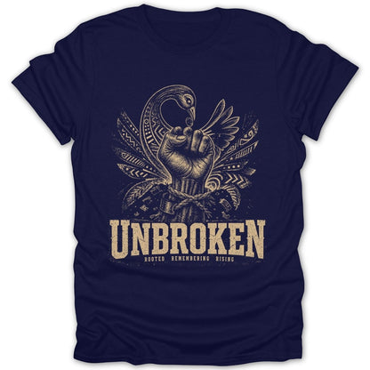 Fist with chains, bird, and wings graphic with text "UNBROKEN".