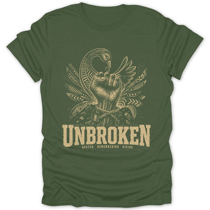 Green t-shirt with text "UNBROKEN" and a graphic of a fist and bird.