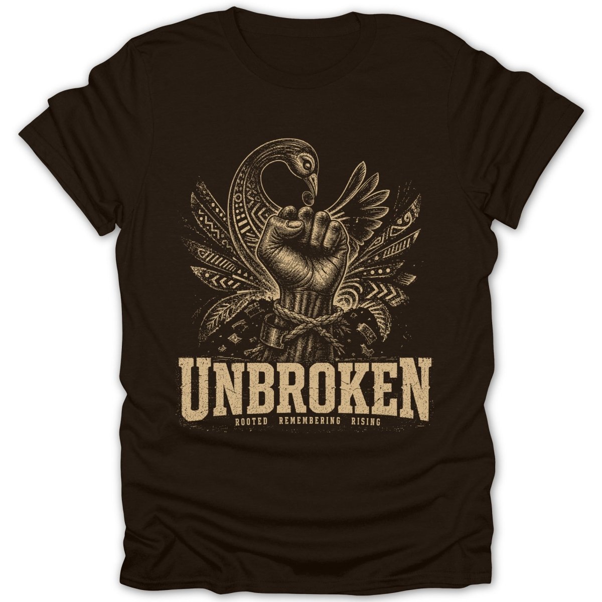 Brown t-shirt with UNBROKEN text and a fist with bird and tribal feather design.