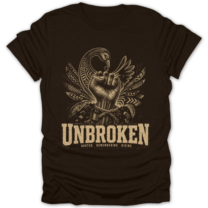 Brown t-shirt with UNBROKEN text and a fist with bird and tribal feather design.