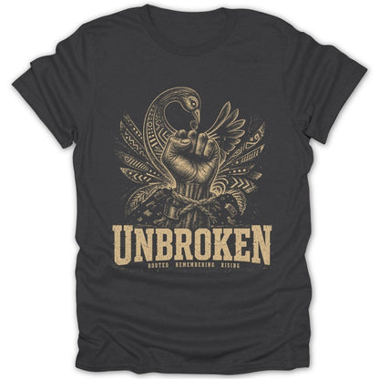 Dark t-shirt with a tan graphic of a fist, bird, and feathers. Text reads "UNBROKEN".