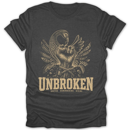 T-shirt graphic of a fist breaking chains with bird wings and "UNBROKEN" text.