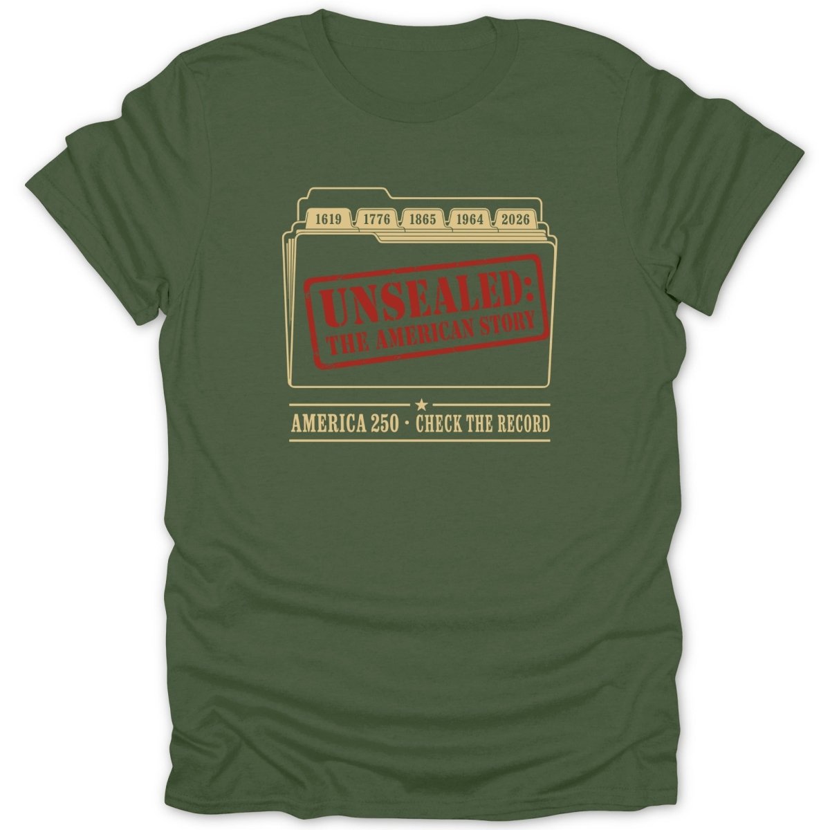 Green t-shirt with "UNSEALED: THE AMERICAN STORY" graphic and dates.