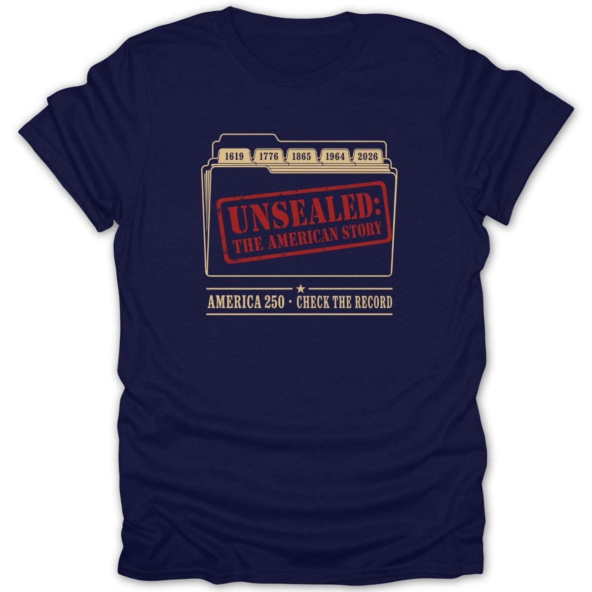 Navy t-shirt with "Unsealed: The American Story" and dates.
