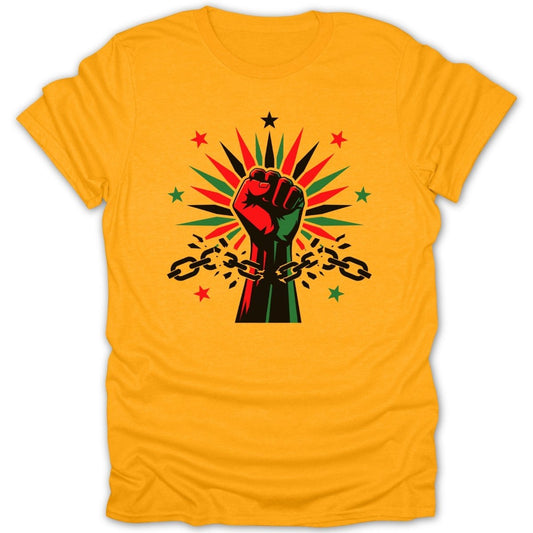 Yellow t-shirt with raised fist breaking chains and stars.