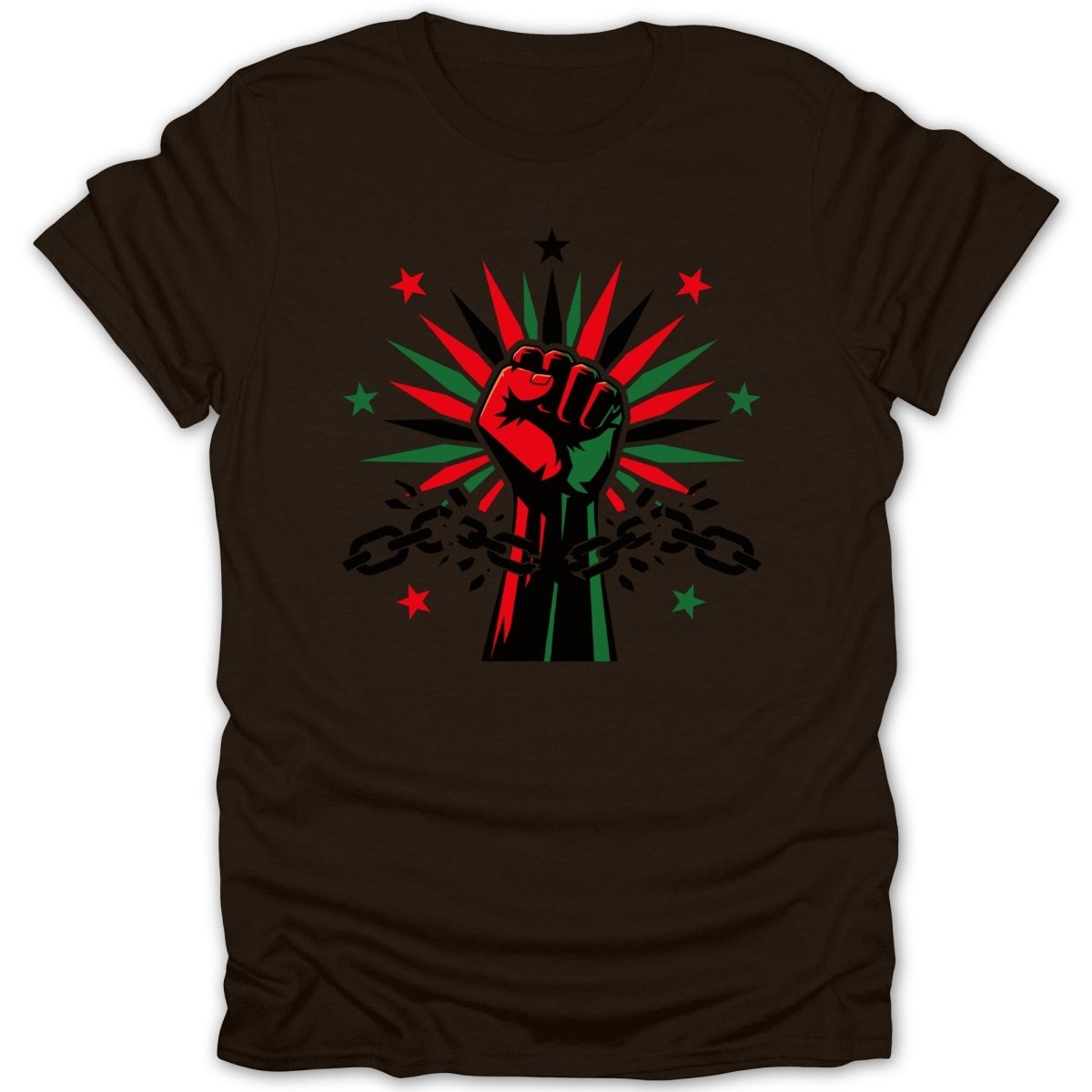 Brown t-shirt with raised fist, chains breaking, and black, red, green stars.