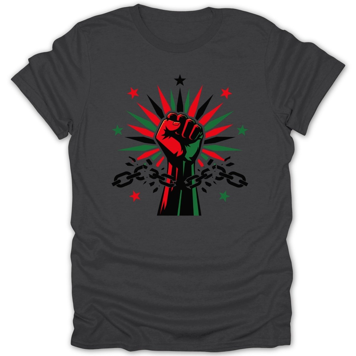 Black fist breaking chains with green, red, and black starburst.