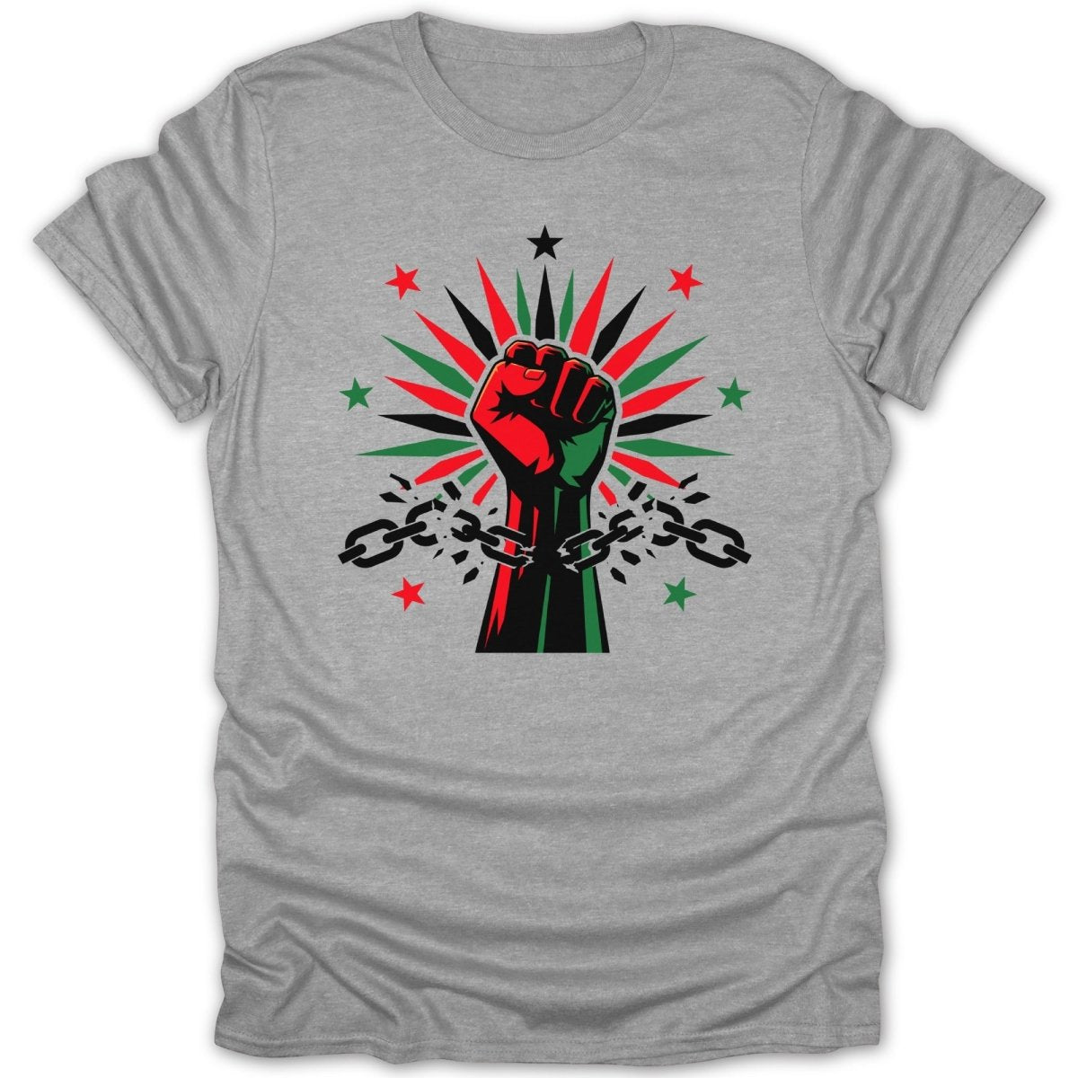 Fist breaking chains with red, green, and black starburst and stars.