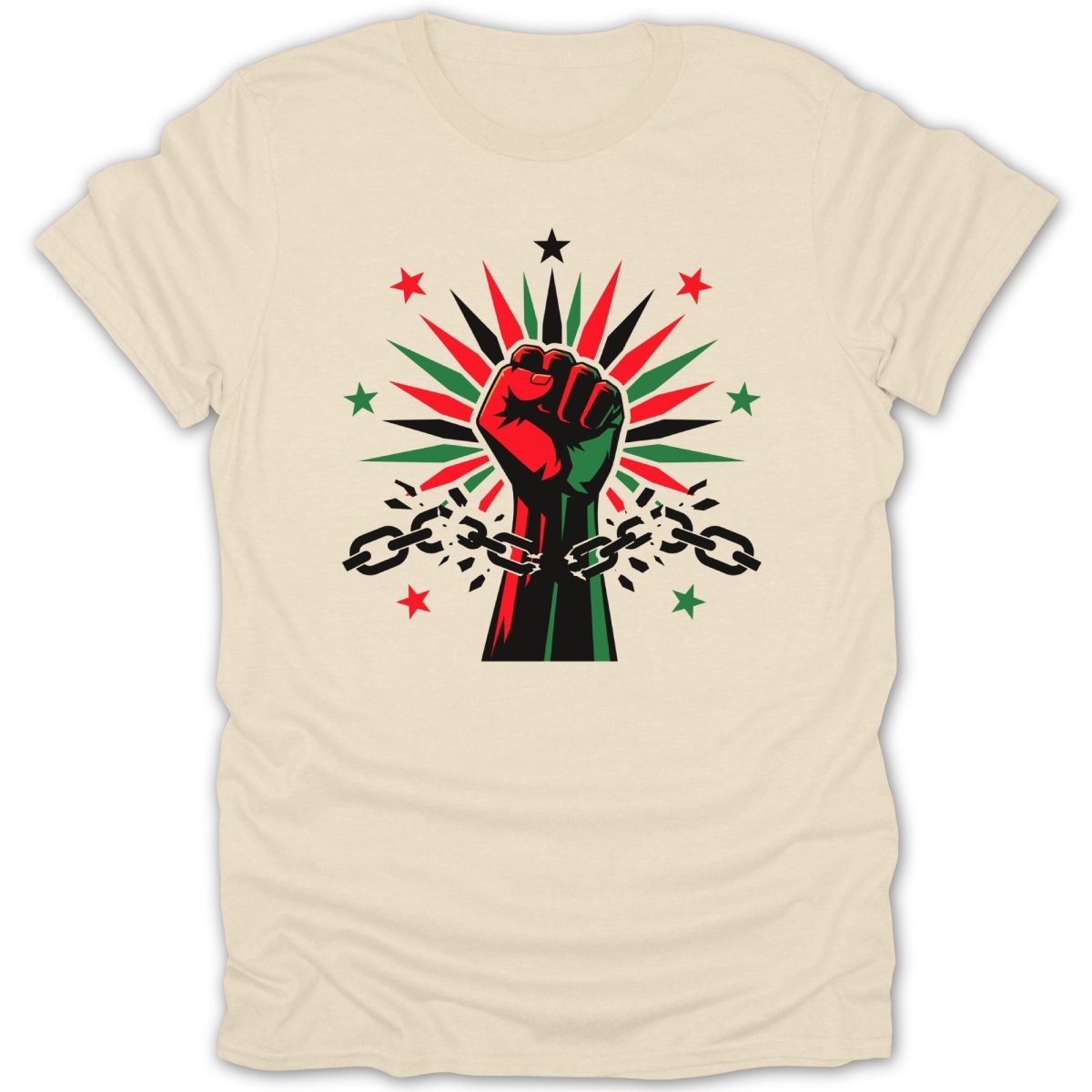 Fist breaking chain with red, green, and black radiating lines and stars.