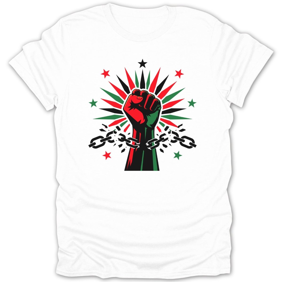 Red, green, and black fist breaking chains, surrounded by stars.
