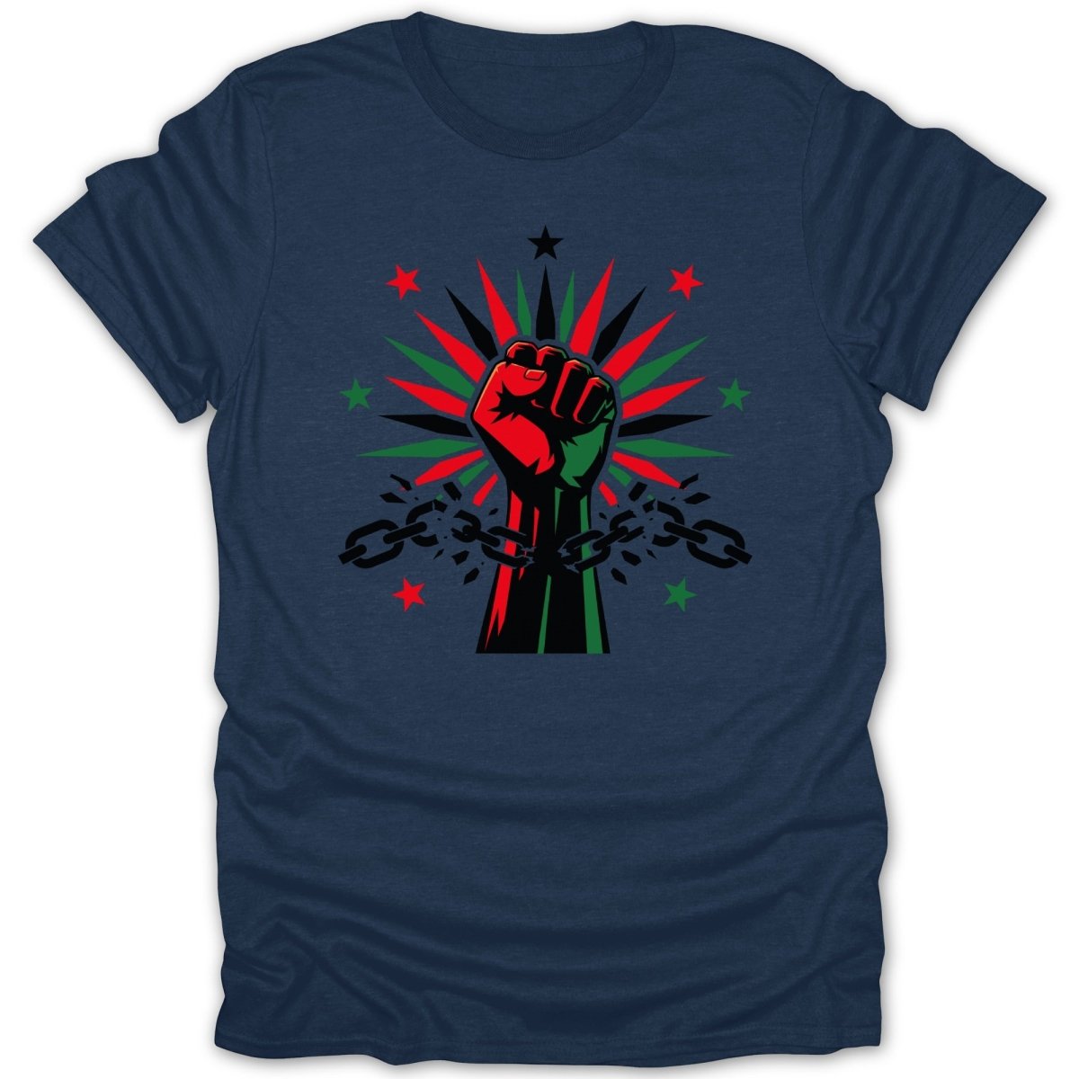 Fist breaking chains with red, green, and black stars.