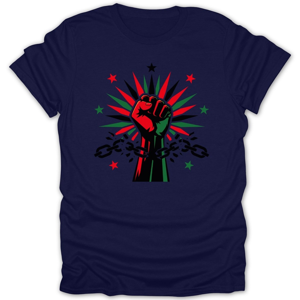 Navy t-shirt with raised fist breaking chains and colorful stars.
