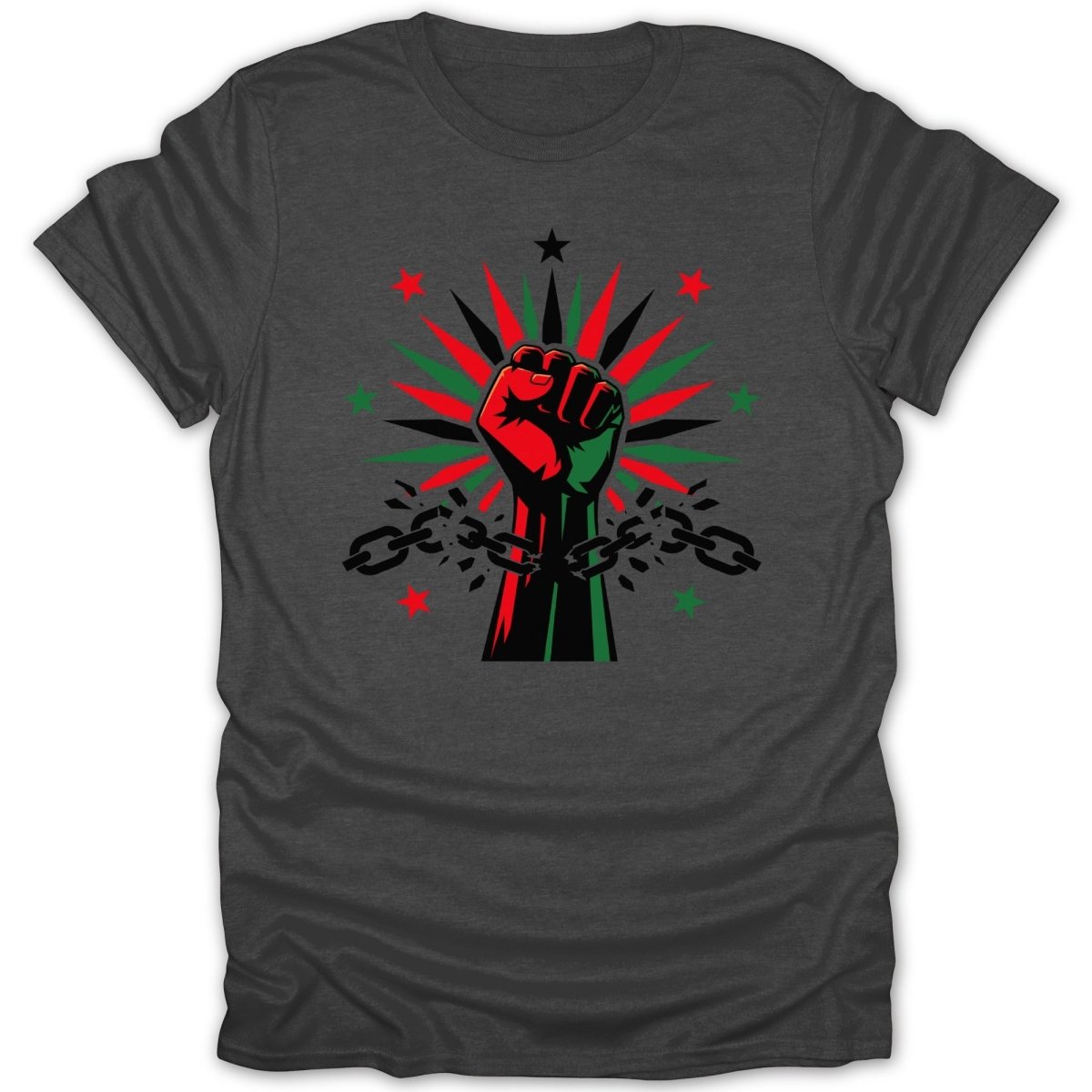 Fist breaking chains, with red and green rays and black stars.