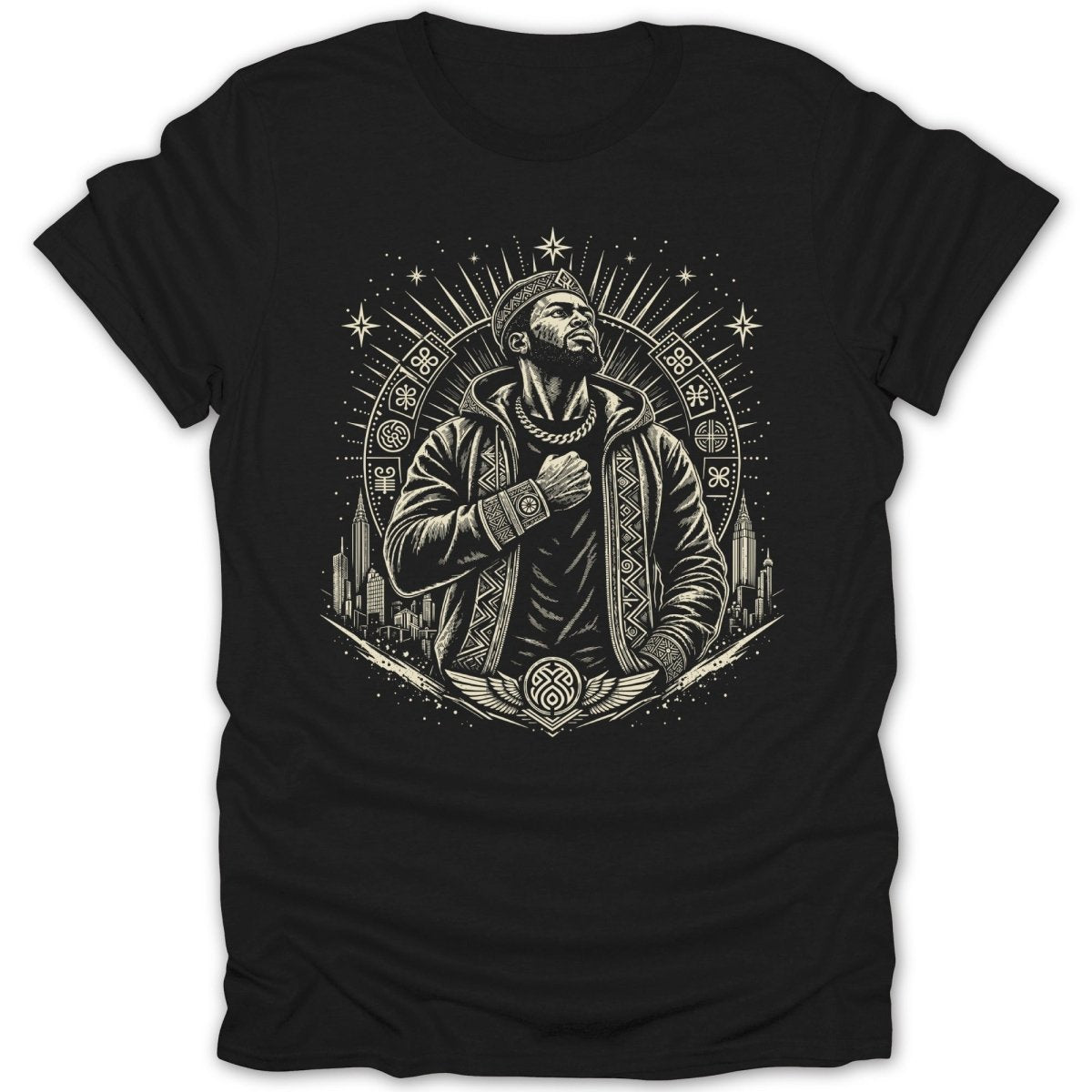 Black t-shirt with a graphic of a man with a crown, cityscape, and circular design.