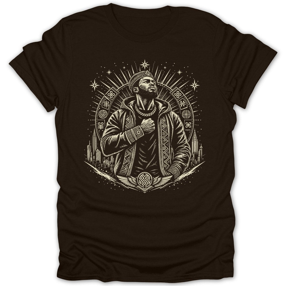 Line art of man in hooded jacket and crown surrounded by celestial and city elements.